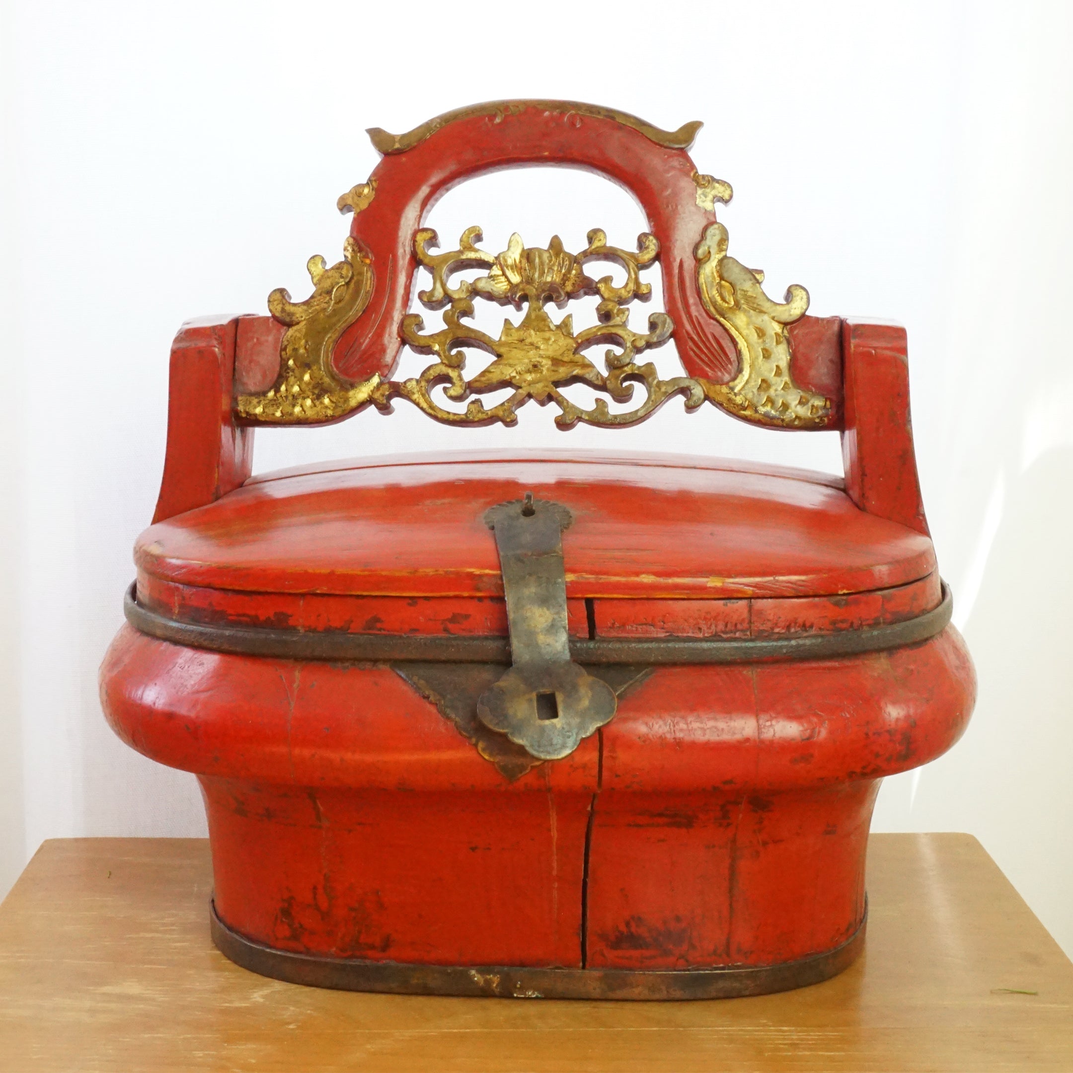 Antique 19th Century Chinese Hand-Painted Wooden Red Food Basket/ Lunch Box