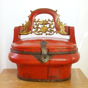 Antique 19th Century Chinese Hand-Painted Wooden Red Food Basket/ Lunch Box