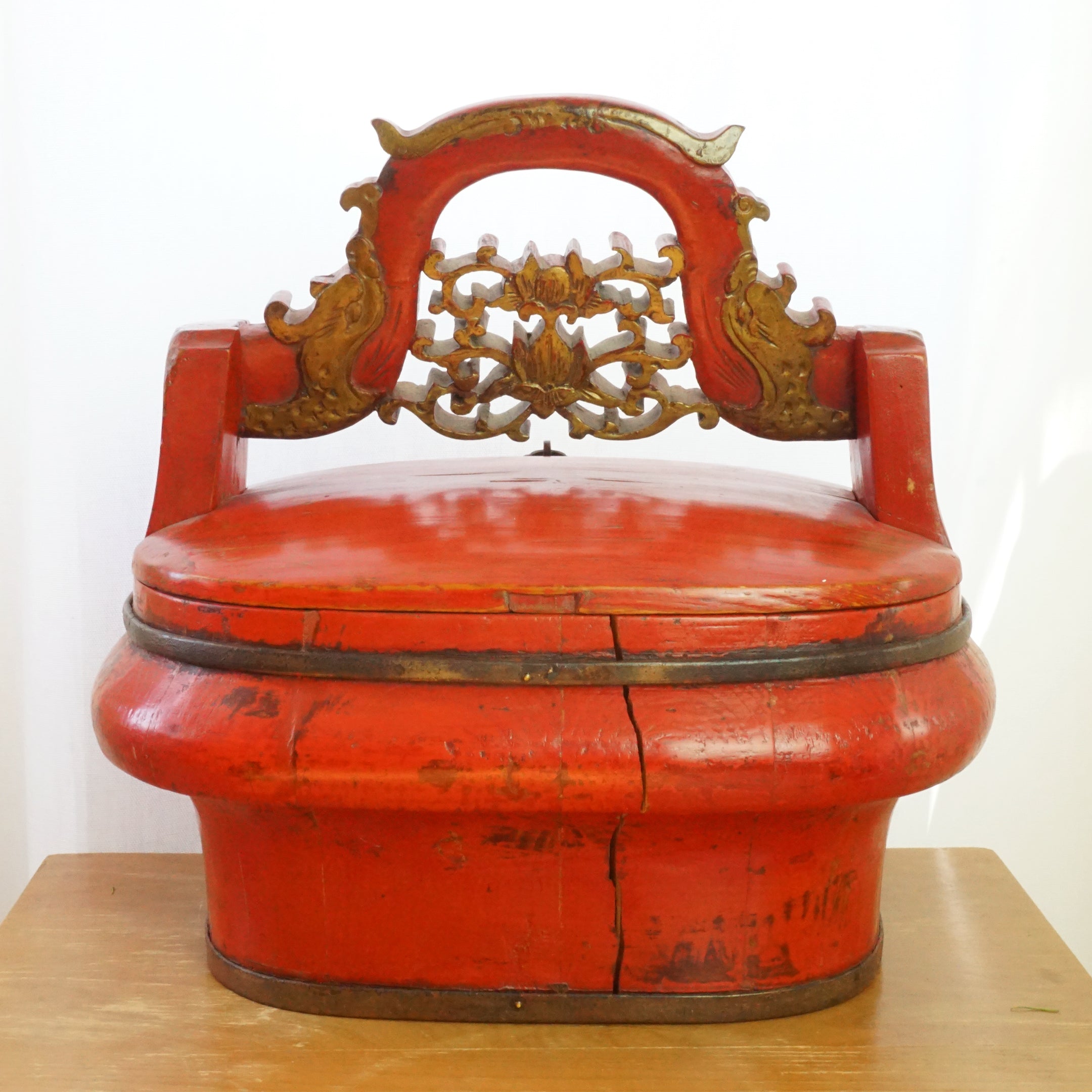 Antique 19th Century Chinese Hand-Painted Wooden Red Food Basket/ Lunch Box