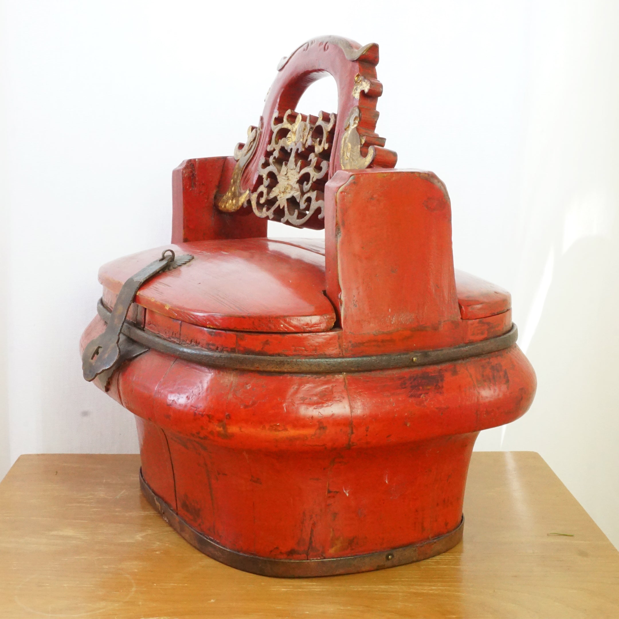 Antique 19th Century Chinese Hand-Painted Wooden Red Food Basket/ Lunch Box