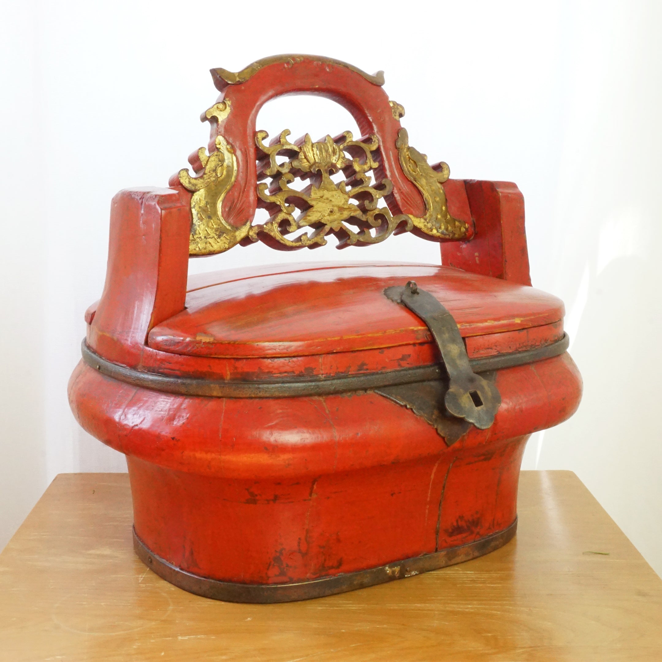 Antique 19th Century Chinese Hand-Painted Wooden Red Food Basket/ Lunch Box