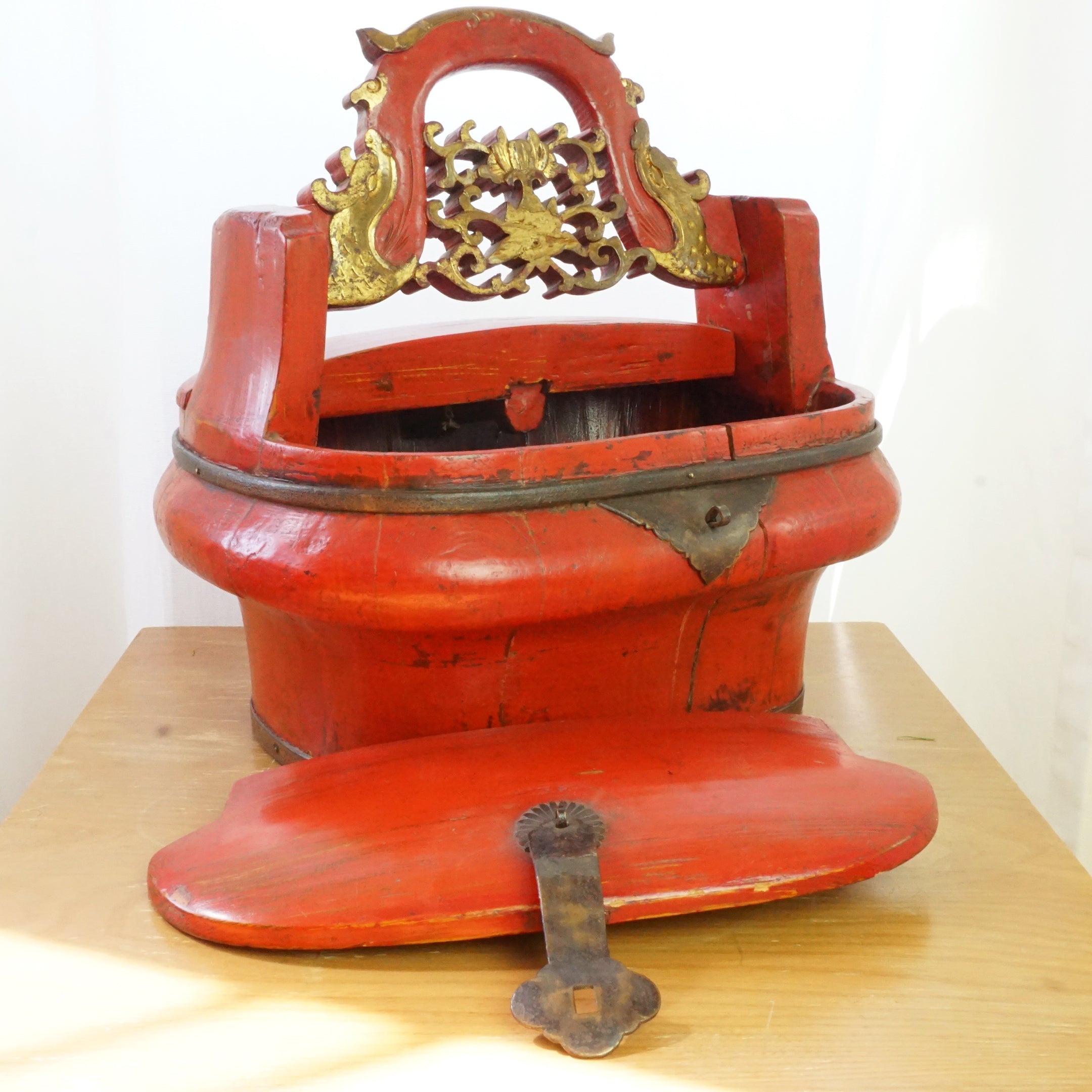 Antique 19th Century Chinese Hand-Painted Wooden Red Food Basket/ Lunch Box