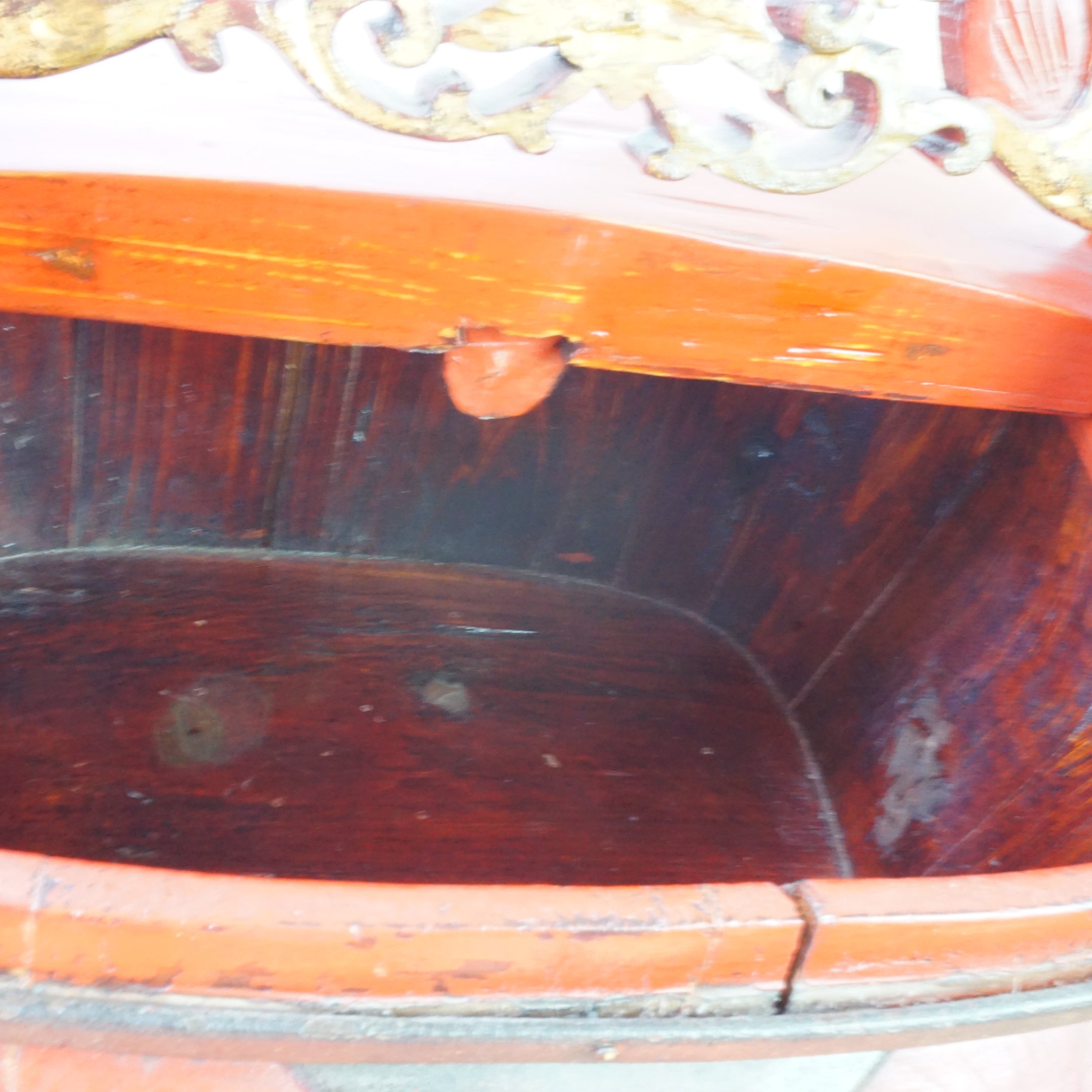 Antique 19th Century Chinese Hand-Painted Wooden Red Food Basket/ Lunch Box
