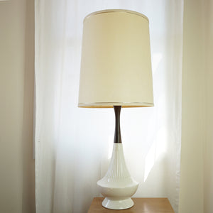 1960s Vintage LEVITON Ceramic & Wood White Table Lamp w/ Fabric Shade. U.S.A.