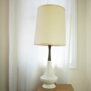 1960s Vintage LEVITON Ceramic & Wood White Table Lamp w/ Fabric Shade. U.S.A.