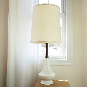 1960s Vintage LEVITON Ceramic & Wood White Table Lamp w/ Fabric Shade. U.S.A.