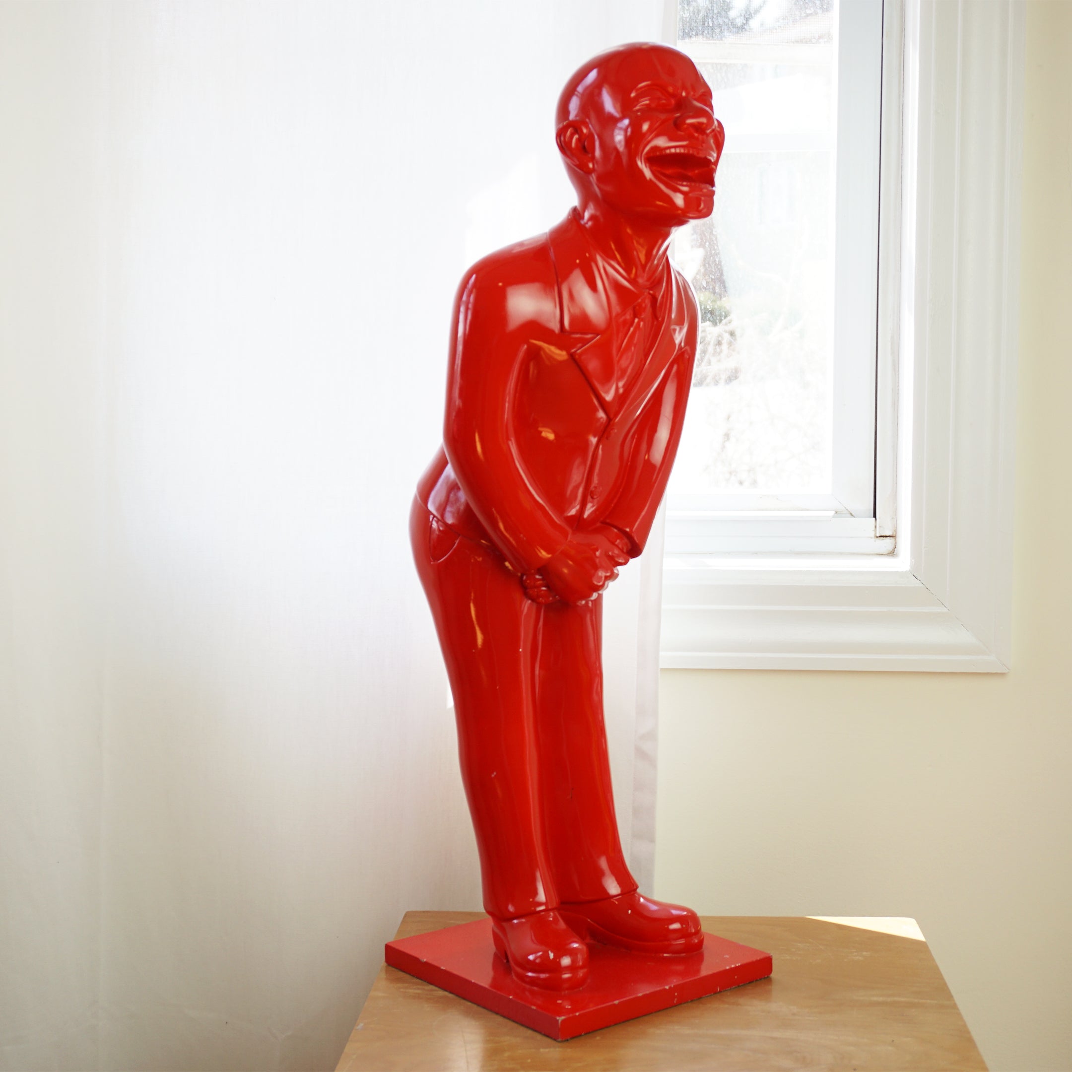 Vintage 26" Statue of Butler in Monochrome Red Resin wearing Suit and Tie