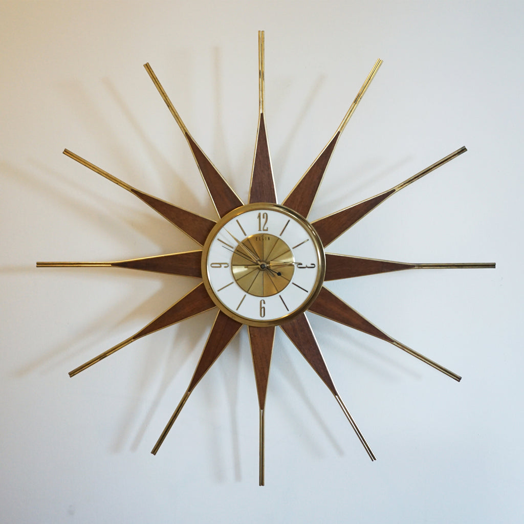 Mid-Century ELGIN Sunburst Wall 26" Clock. Made in Germany, Original Mechanism.