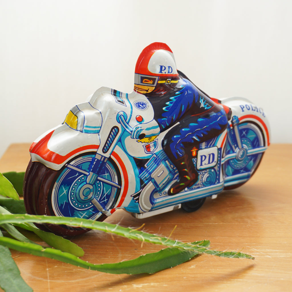 Vintage Tin Litho Friction Powered Motorcycle Police No. 51. Made in Japan.