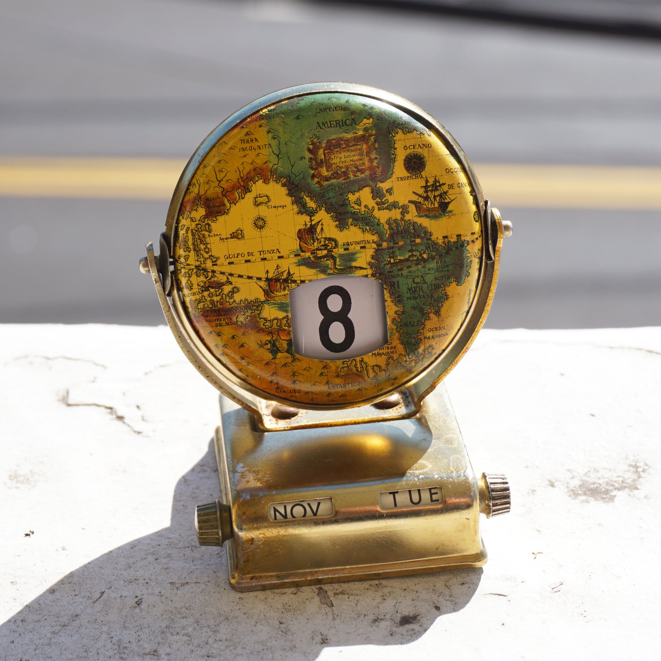 Vintage Tin Day/Date Perpetual Flip Map/Globe Desk Calendar. Made in Japan.