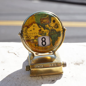 Vintage Tin Day/Date Perpetual Flip Map/Globe Desk Calendar. Made in Japan.