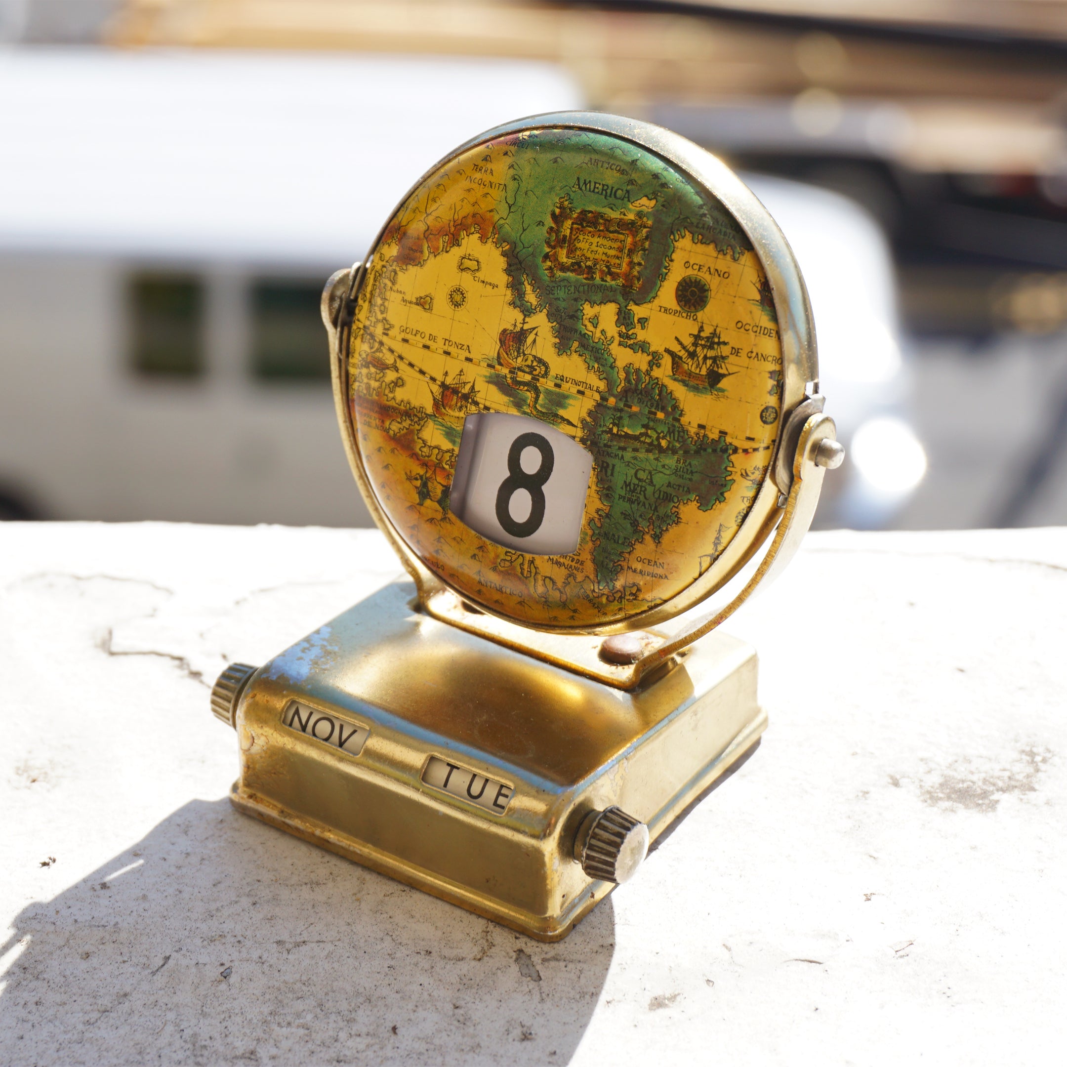 Vintage Tin Day/Date Perpetual Flip Map/Globe Desk Calendar. Made in Japan.