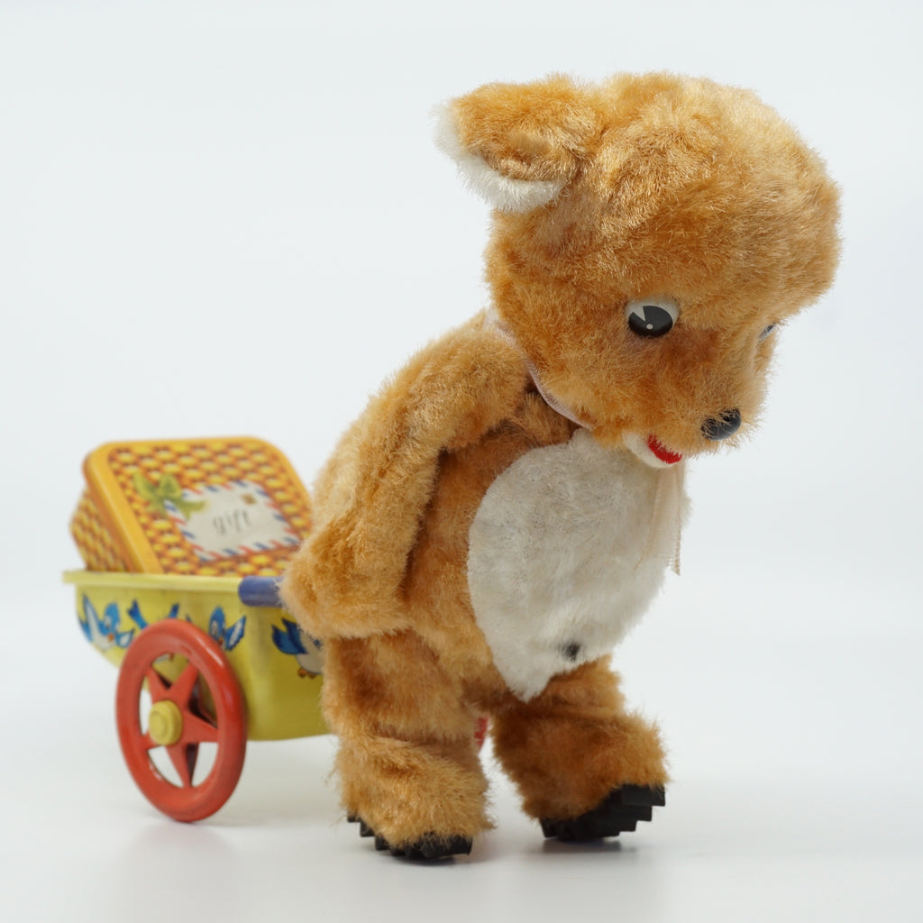 Mid-Century 1950s Tin Litho Deer Pulling a Cart with a Gift Box Toy. Made in Japan.