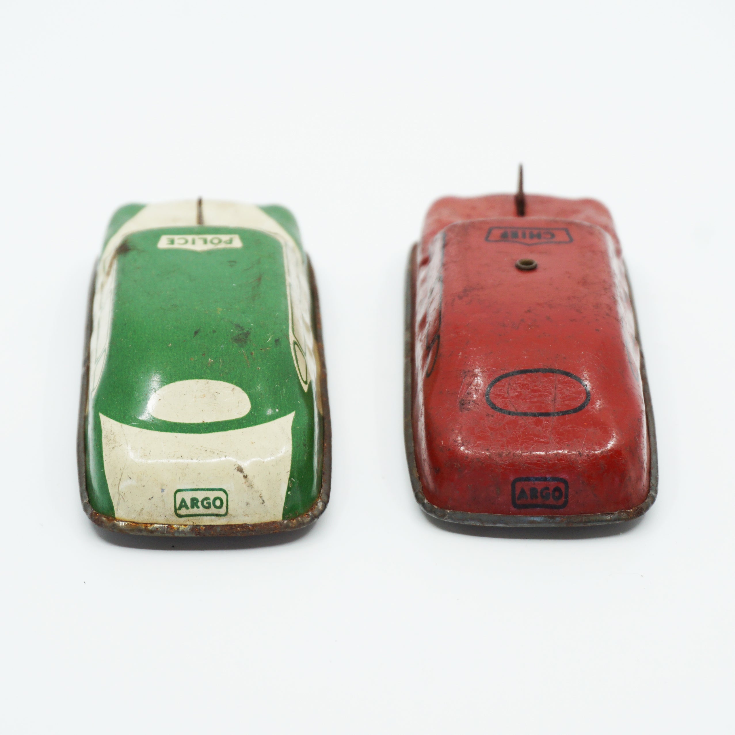 Lot of 2 Mid-Century ARGO Tin Litho Toy Cars Fire Chief, and Police, Vintage