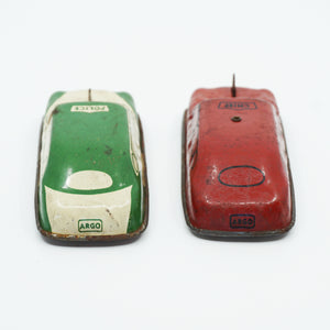Lot of 2 Mid-Century ARGO Tin Litho Toy Cars Fire Chief, and Police, Vintage