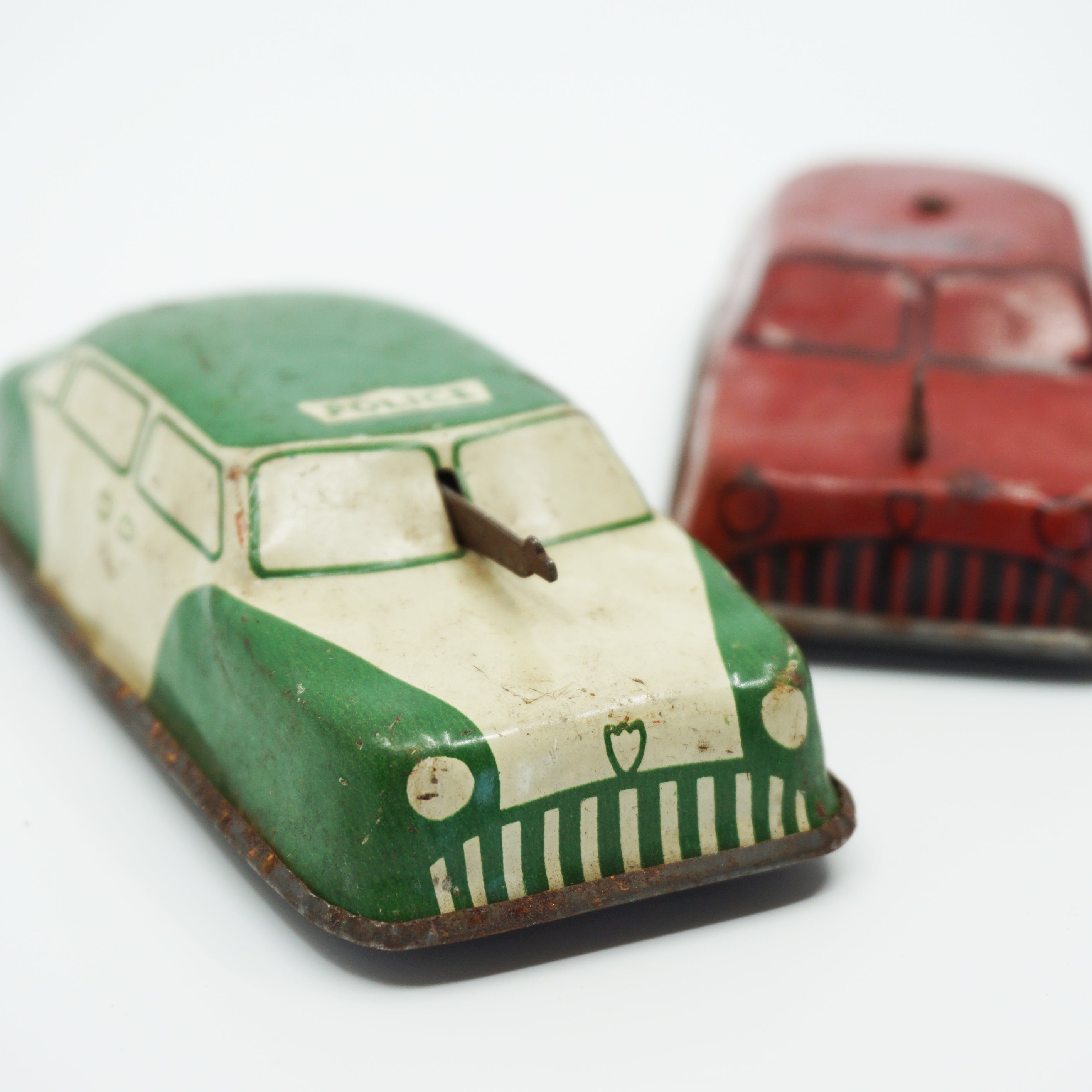 Lot of 2 Mid-Century ARGO Tin Litho Toy Cars Fire Chief, and Police, Vintage