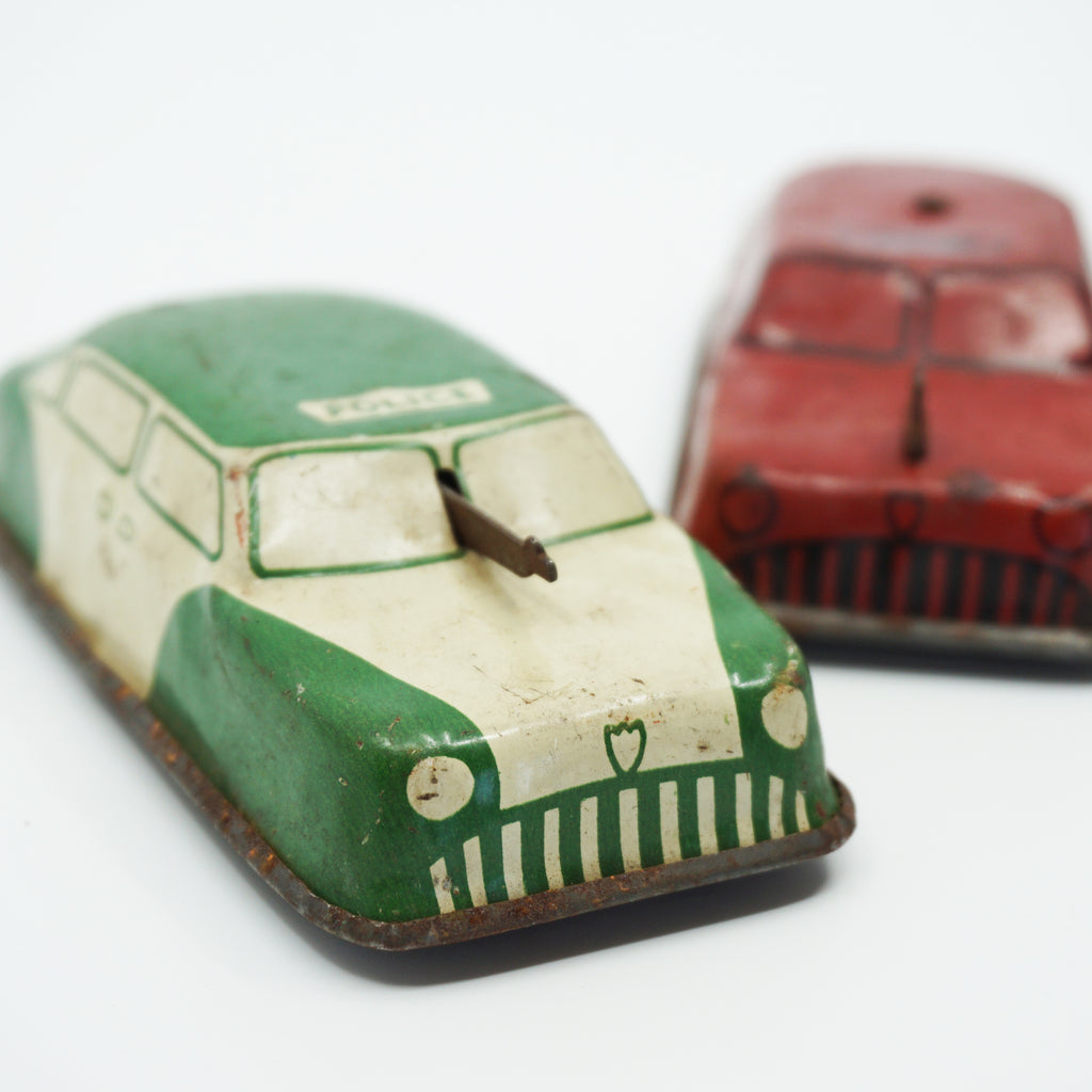 Lot of 2 Mid-Century ARGO Tin Litho Toy Cars Fire Chief, and Police, Vintage