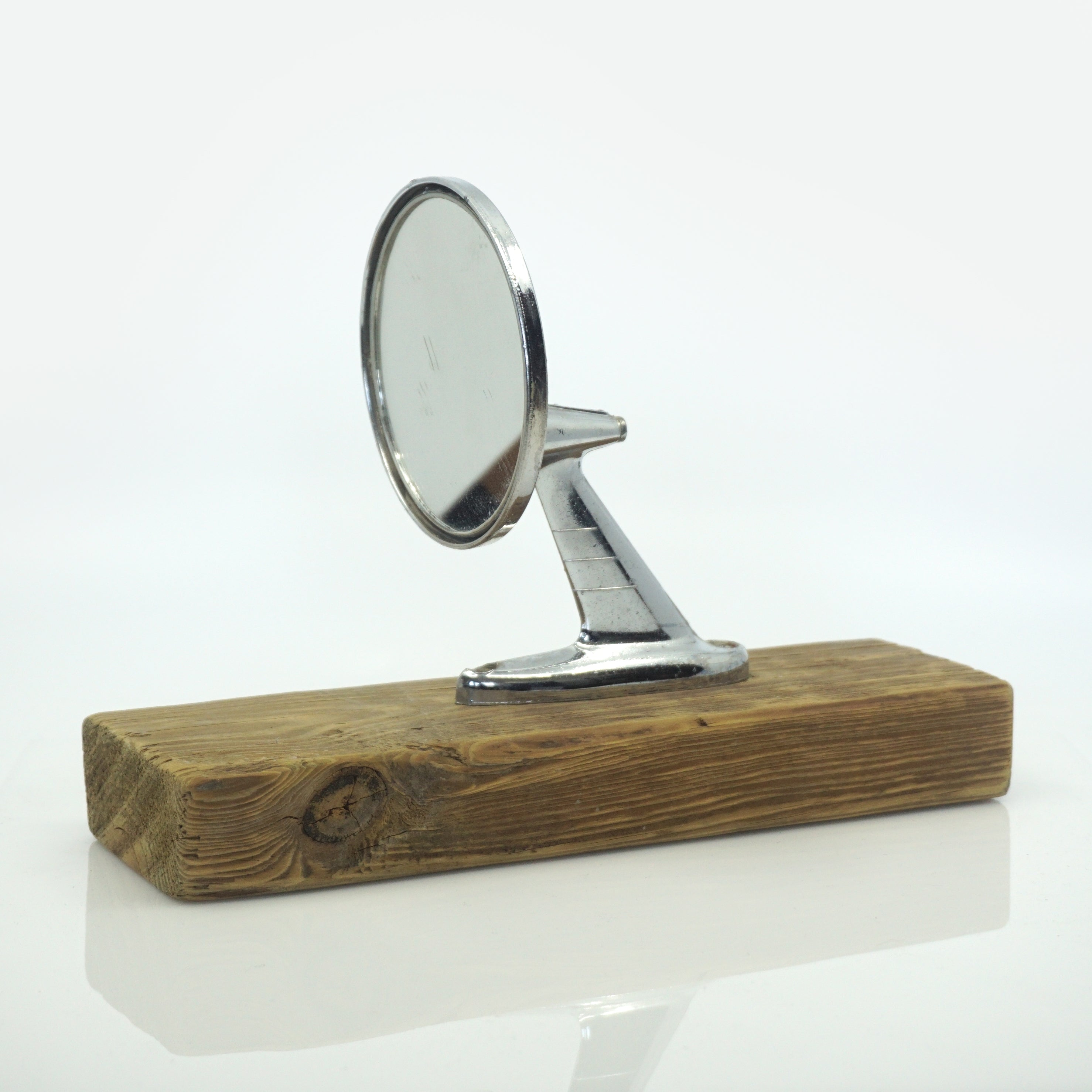 Mid-Century 1950s American Rear View Chrome Mirror on Wood
