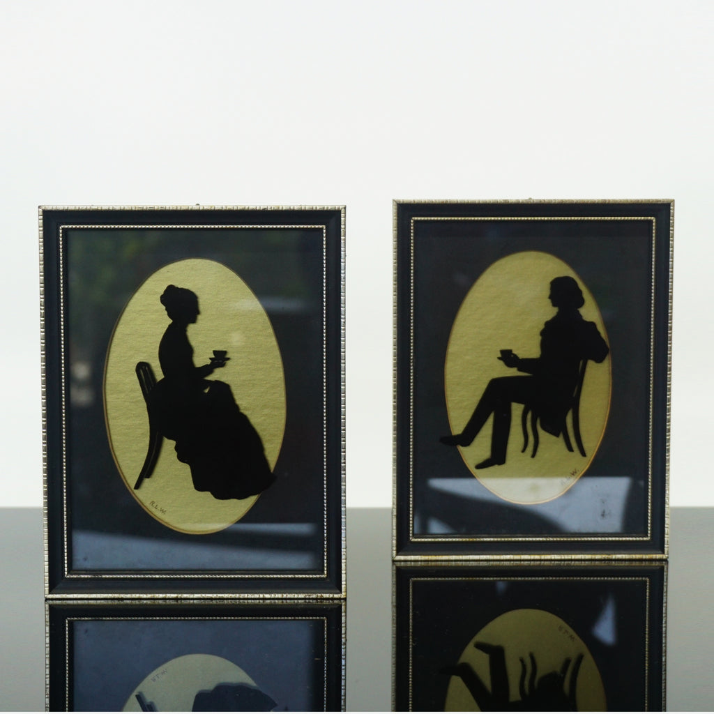 Original Vintage Silhouettes, Matching Pair, Signed, Hand Painted & Etched on Reverse Glass