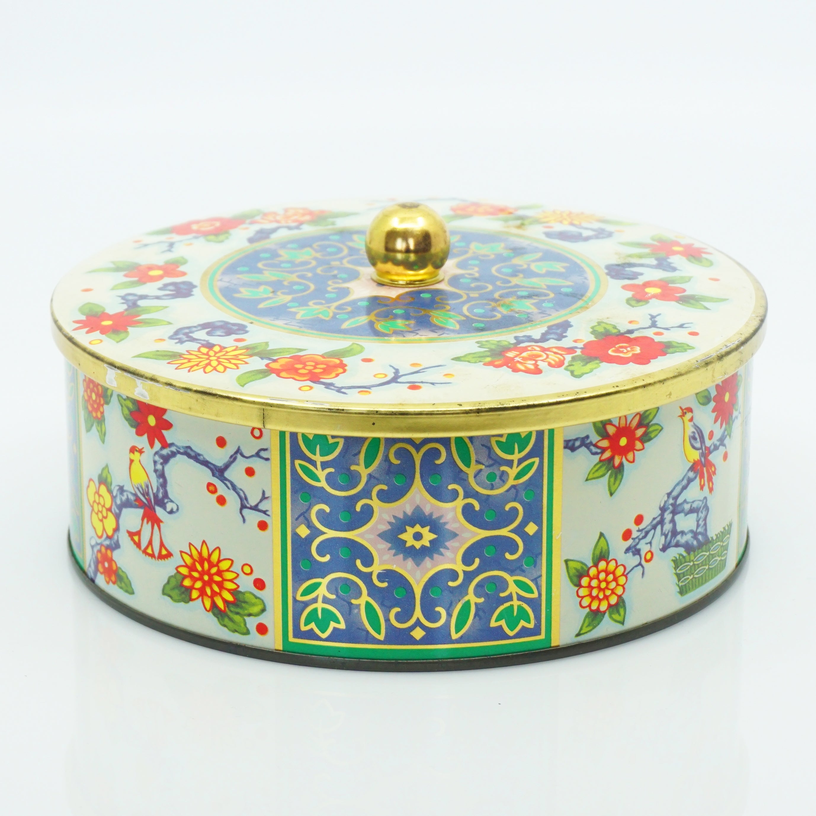 Rare Vintage Tin Lithograph Storage Container 6.5" Diameter. Made in England.