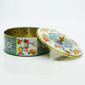 Rare Vintage Tin Lithograph Storage Container 6.5" Diameter. Made in England.