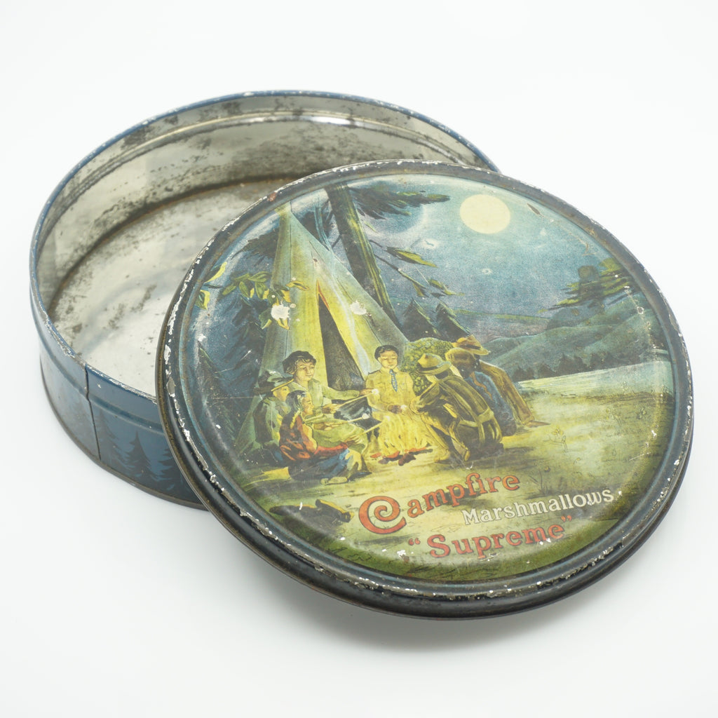 Rare Antique Campfire Supreme Marshmallow Tin Litho with Camping Scene
