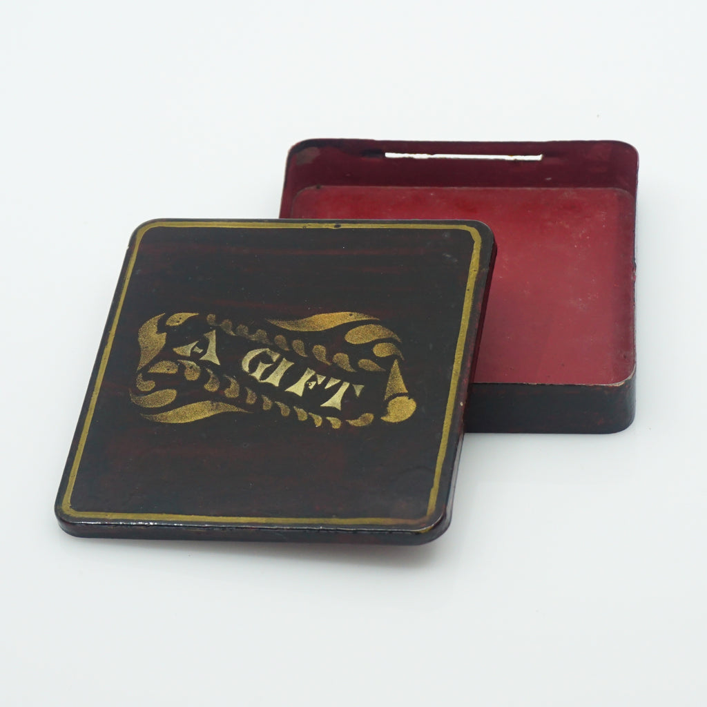 Vintage 3.5" Tin Litho Brown "A Gift" Box with Red Interior