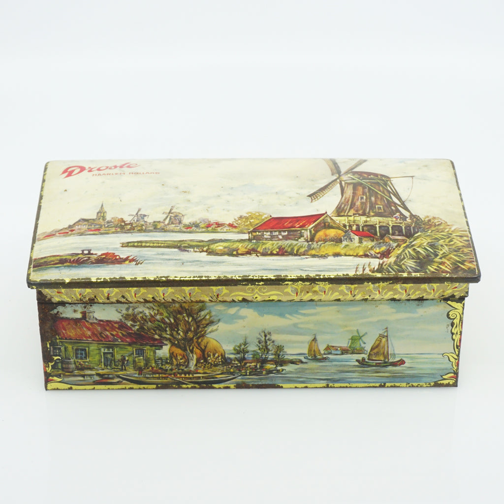 1950s Droste's Tin Litho Windmill and Sea Scene Hinged Vintage Container