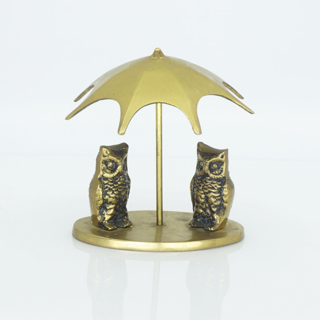 Vintage Two Solid Brass Owls Under an Umbrella Figurine