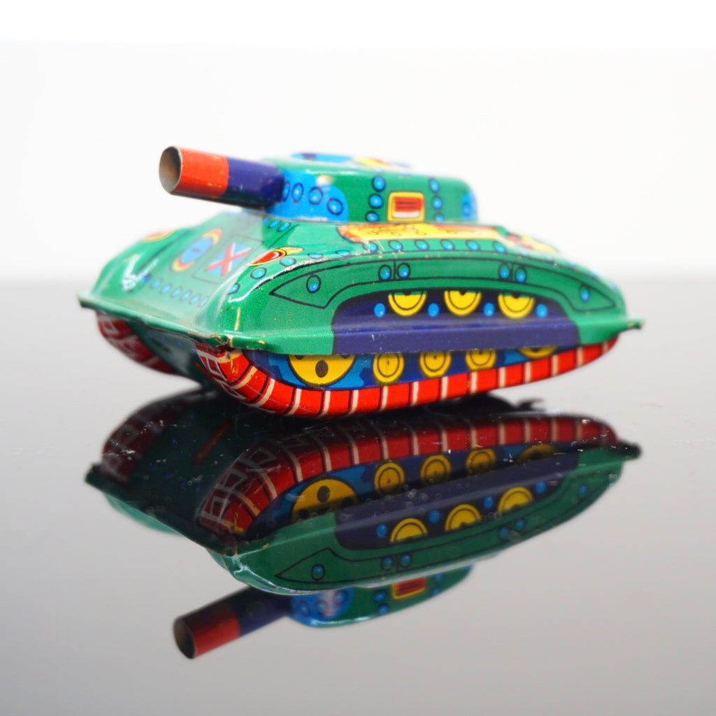 Vintage Tin Litho Tank. Colorful Green Friction Engine Toy. Made in Japan.