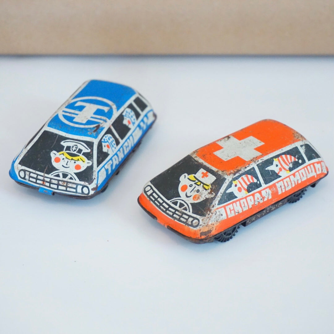 1970s Set of two USSR Tin Litho "Тахси" Taxi and "Скорая Помощь" Ambulance Vehicles Cars