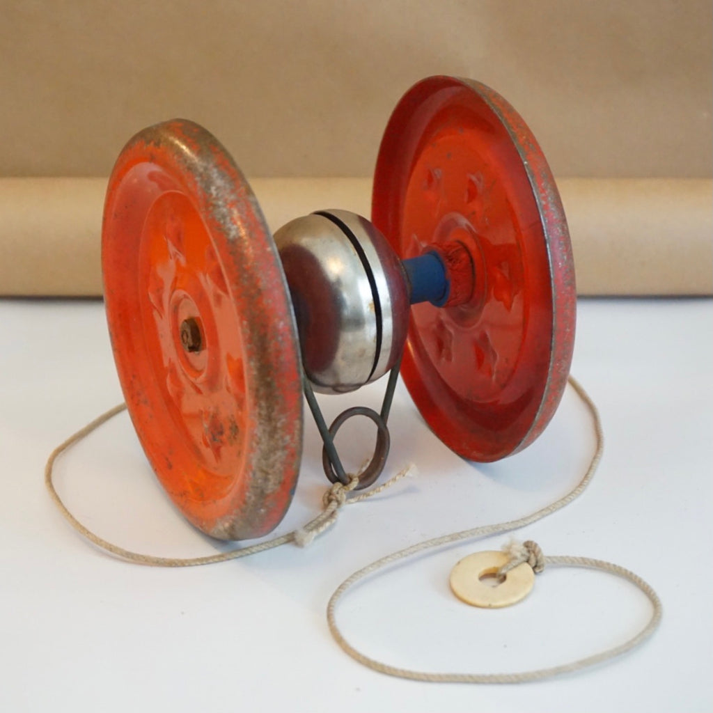1940s Vintage Gong Bell with Red Wheels & Stars Pull Toy with wooden Axel