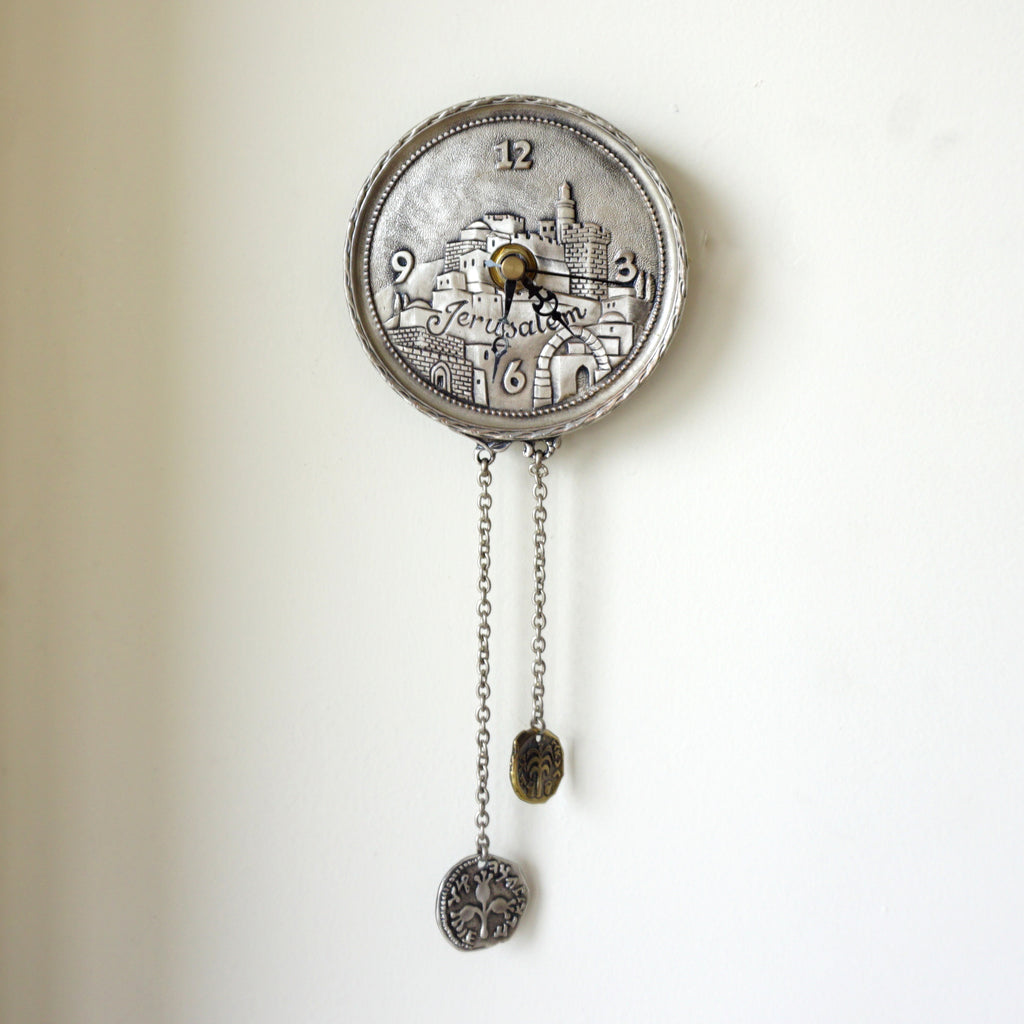 Yealat Chen Silver Plated Old City of Jerusalem Clock with Pendulums. Made in Israel.