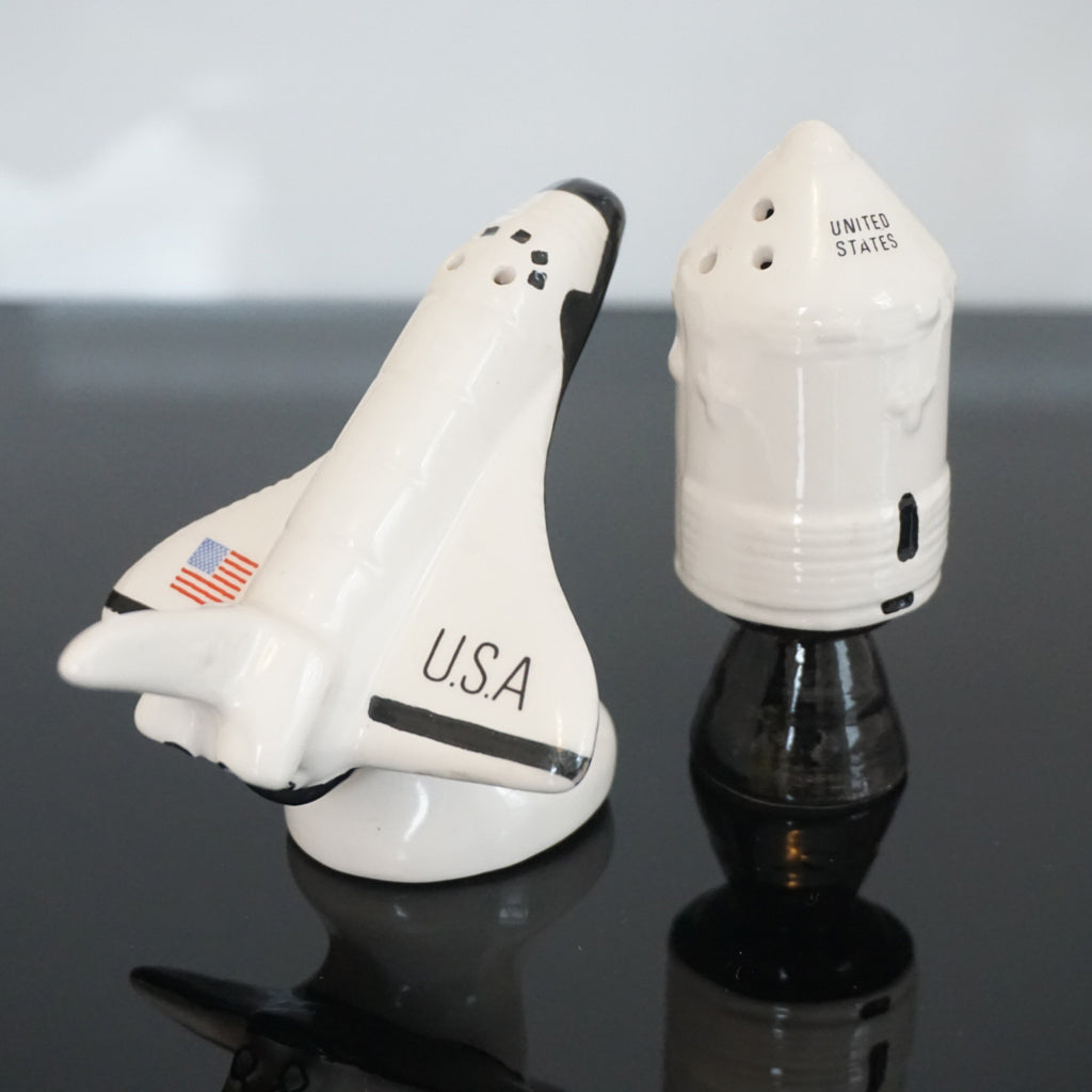 1992 Five & Dime Sarsaparilla. USA Space Shuttle Ceramic Salt and Pepper Shakers