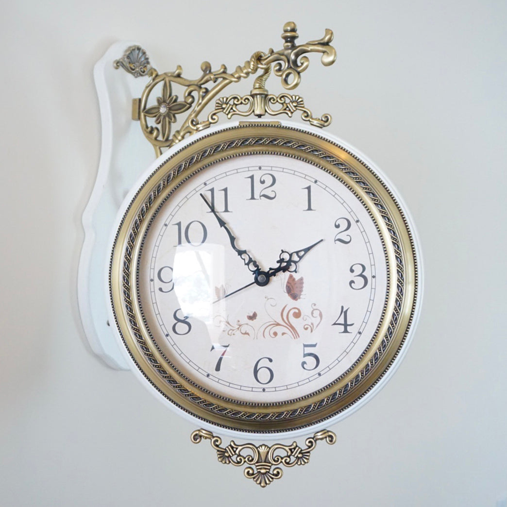 Double-Sided/Station Hanging Wall Clock. White Wood with Brass Toned Details. Rhythm Watch Co.