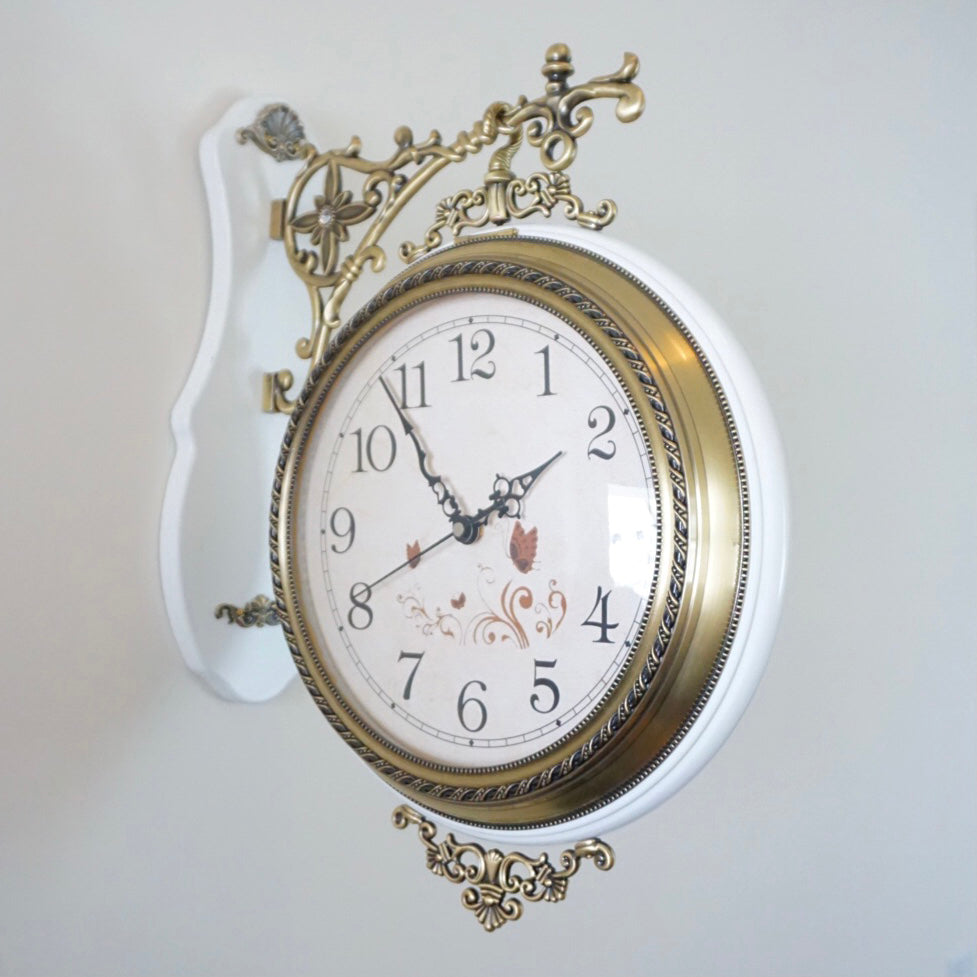 Double-Sided/Station Hanging Wall Clock. White Wood with Brass Toned Details. Rhythm Watch Co.