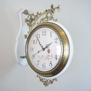 Double-Sided/Station Hanging Wall Clock. White Wood with Brass Toned Details. Rhythm Watch Co.
