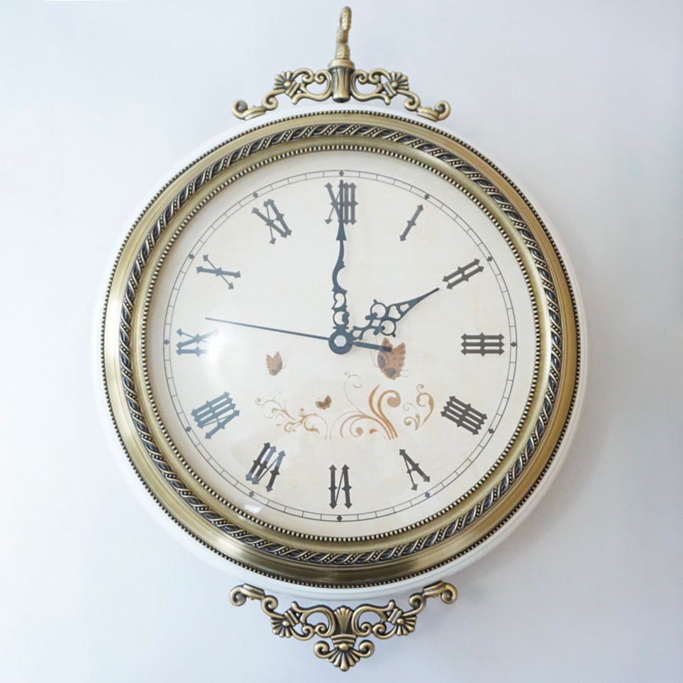 Double-Sided/Station Hanging Wall Clock. White Wood with Brass Toned Details. Rhythm Watch Co.