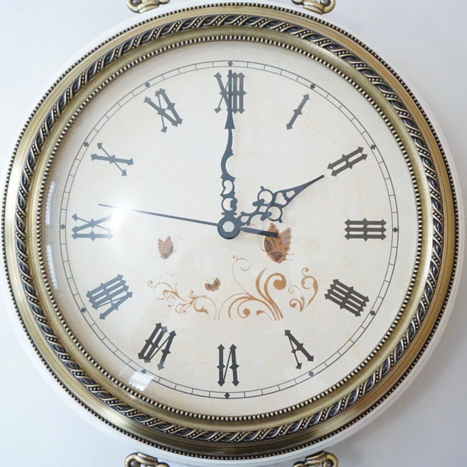 Double-Sided/Station Hanging Wall Clock. White Wood with Brass Toned Details. Rhythm Watch Co.