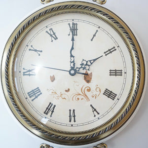 Double-Sided/Station Hanging Wall Clock. White Wood with Brass Toned Details. Rhythm Watch Co.