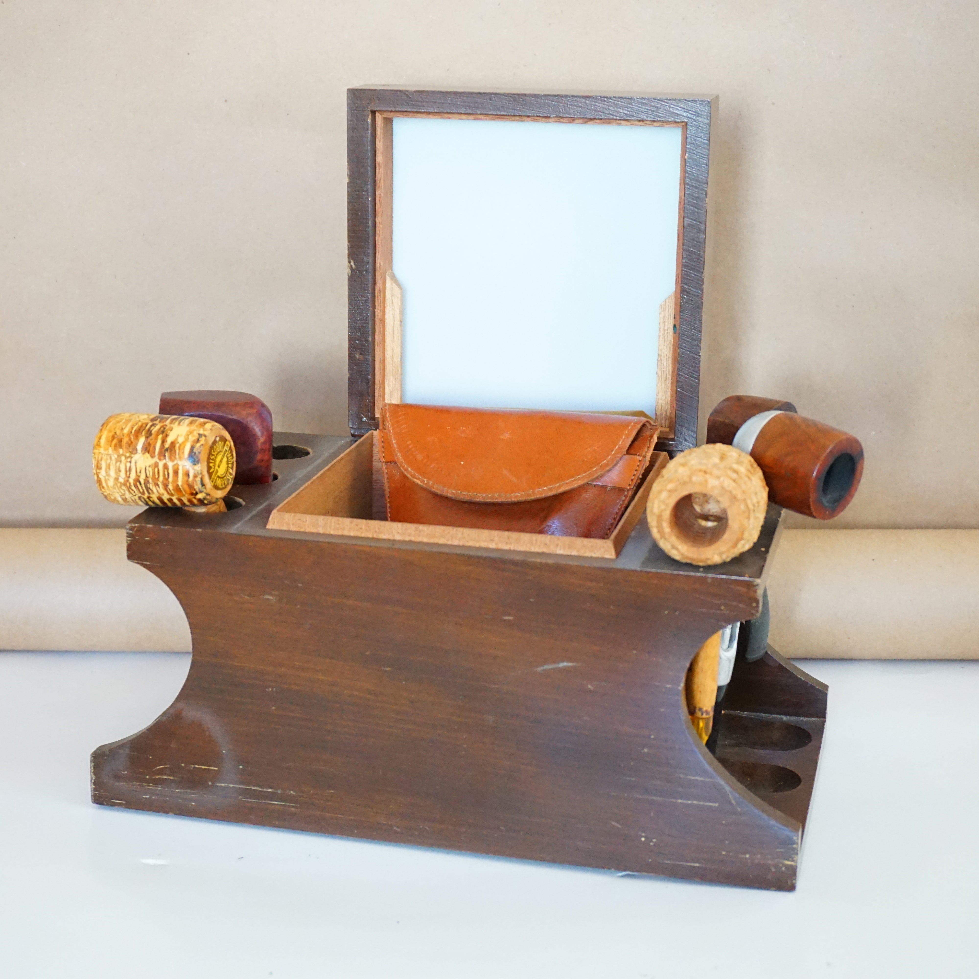 Vintage PATTBERG NOVELTY Wood Pipe Cigar Holder Humidor with 6 Pipes