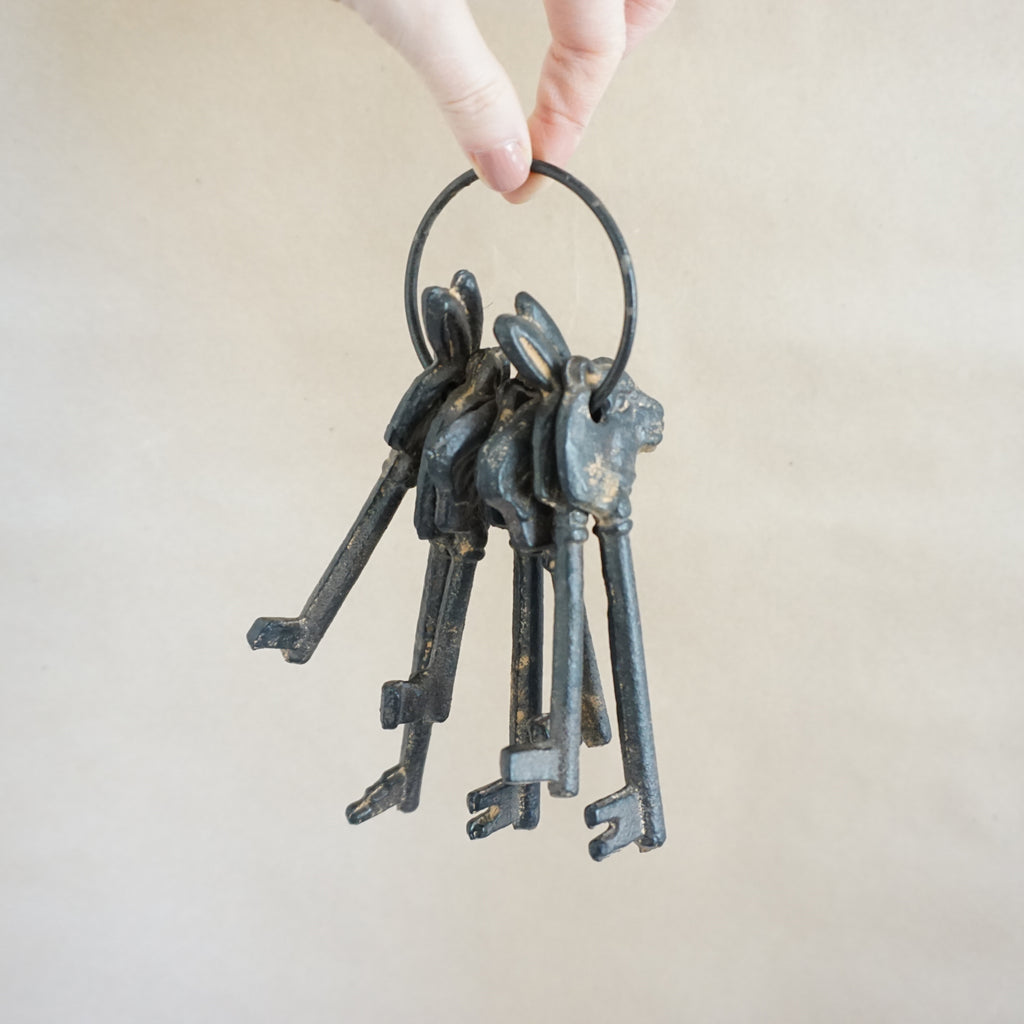 Set of 7 Antique Cast Iron Animal Head Decor Keys on a Ring