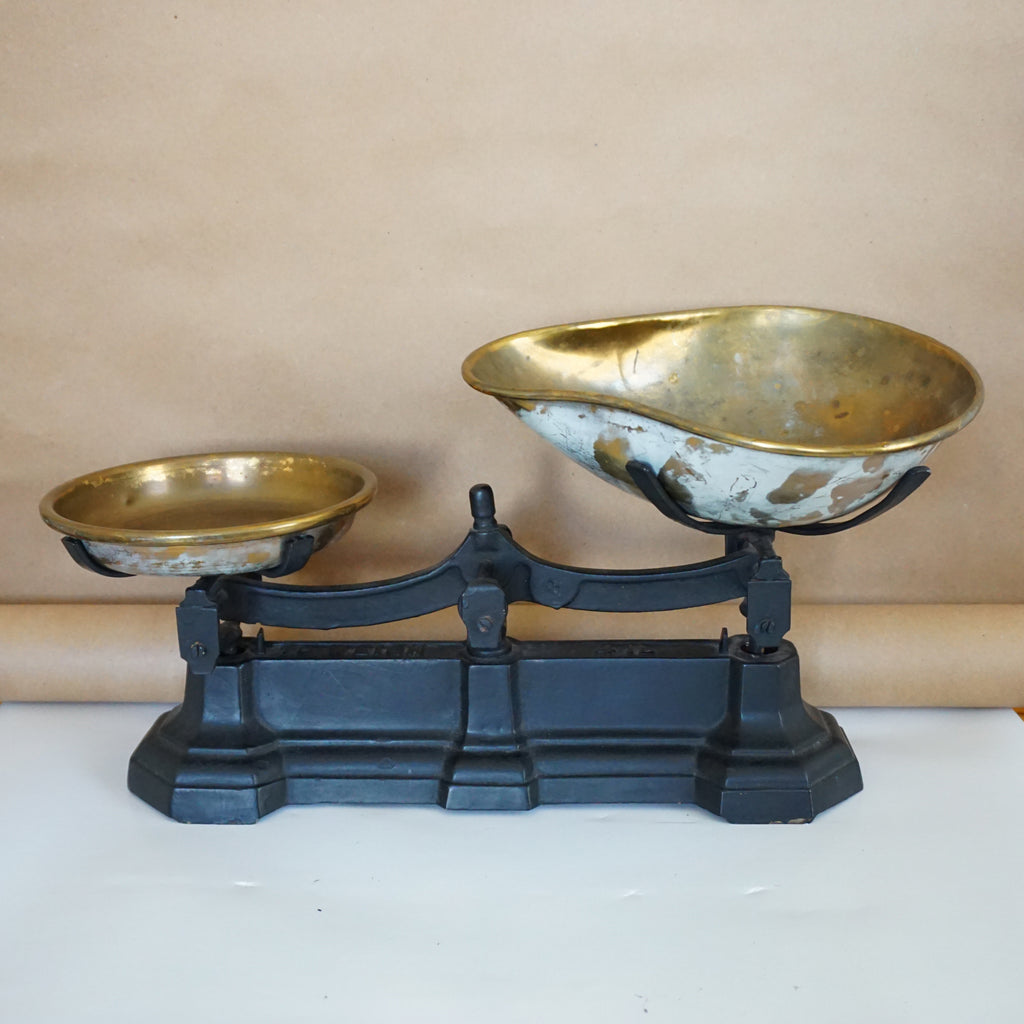 Antique Cast Iron and Brass Balance Scales. Black and Gold toned.