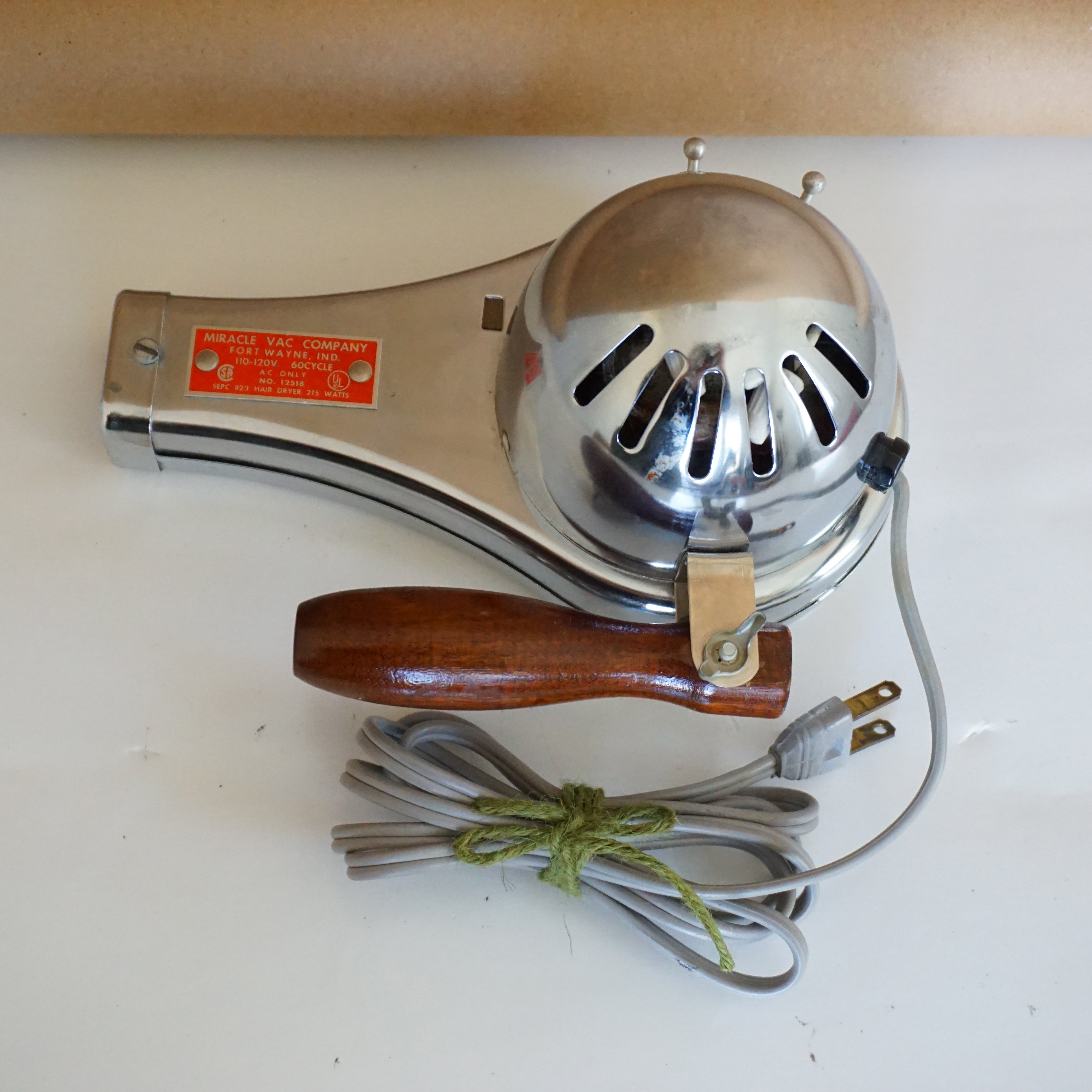 Vintage Art Deco MIRACLE VAC Chrome Hair Dryer No. 12518 with a Wooden Handle