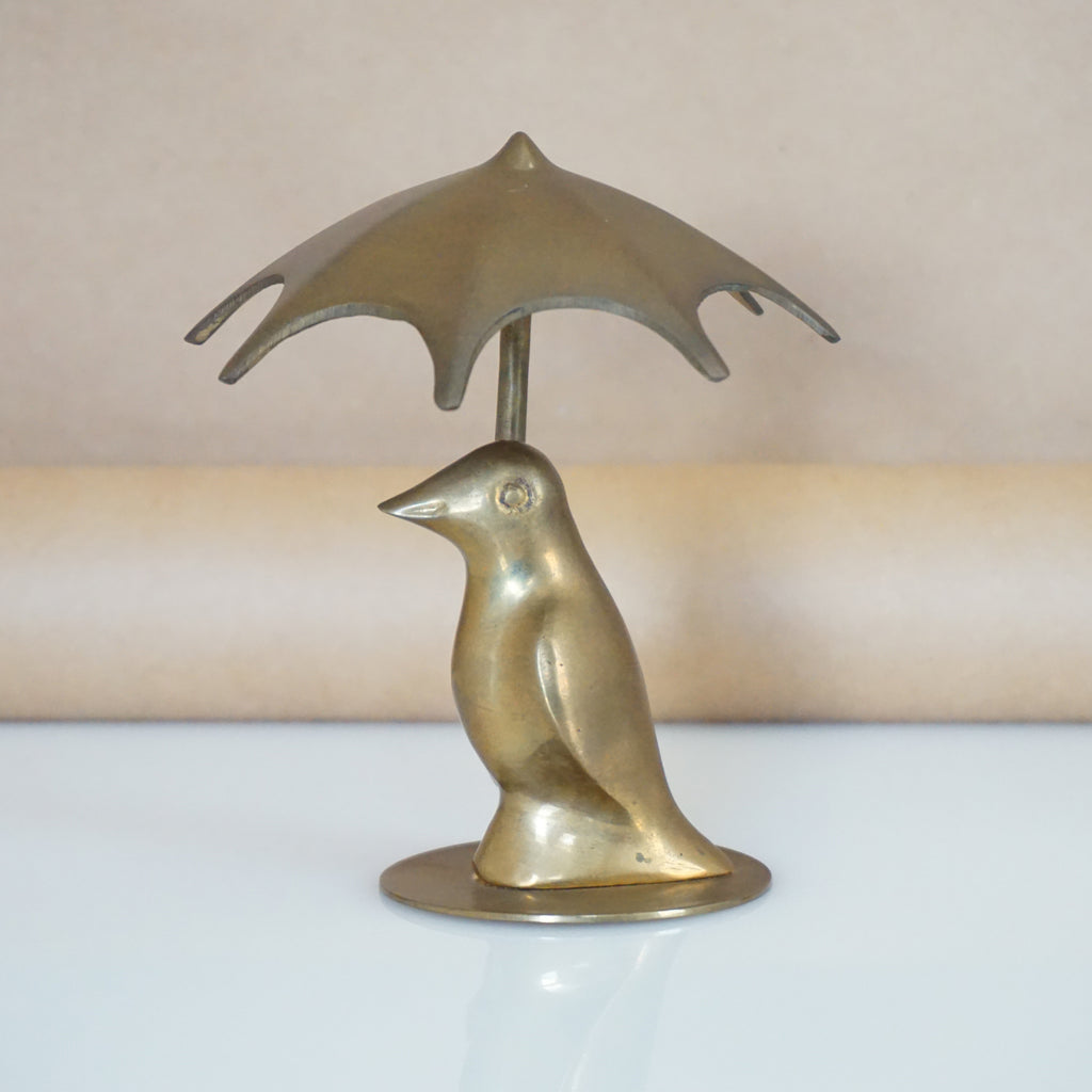 Vintage Solid Brass Bird Under an Umbrella Figurine