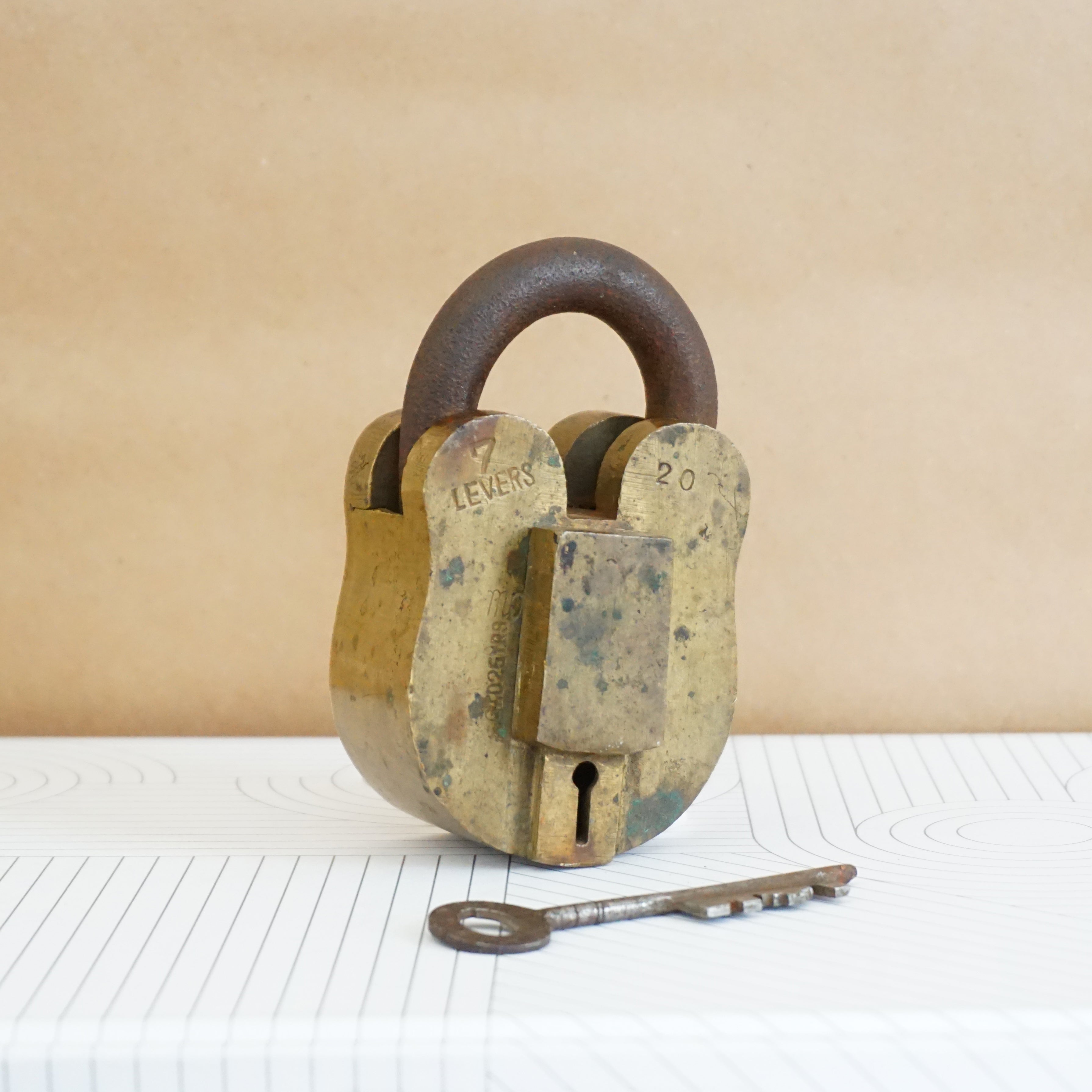 Antique Solid Brass MAZDOAR & CO Lock and Original Key. 7 Levels. G.I.D. 25 Years