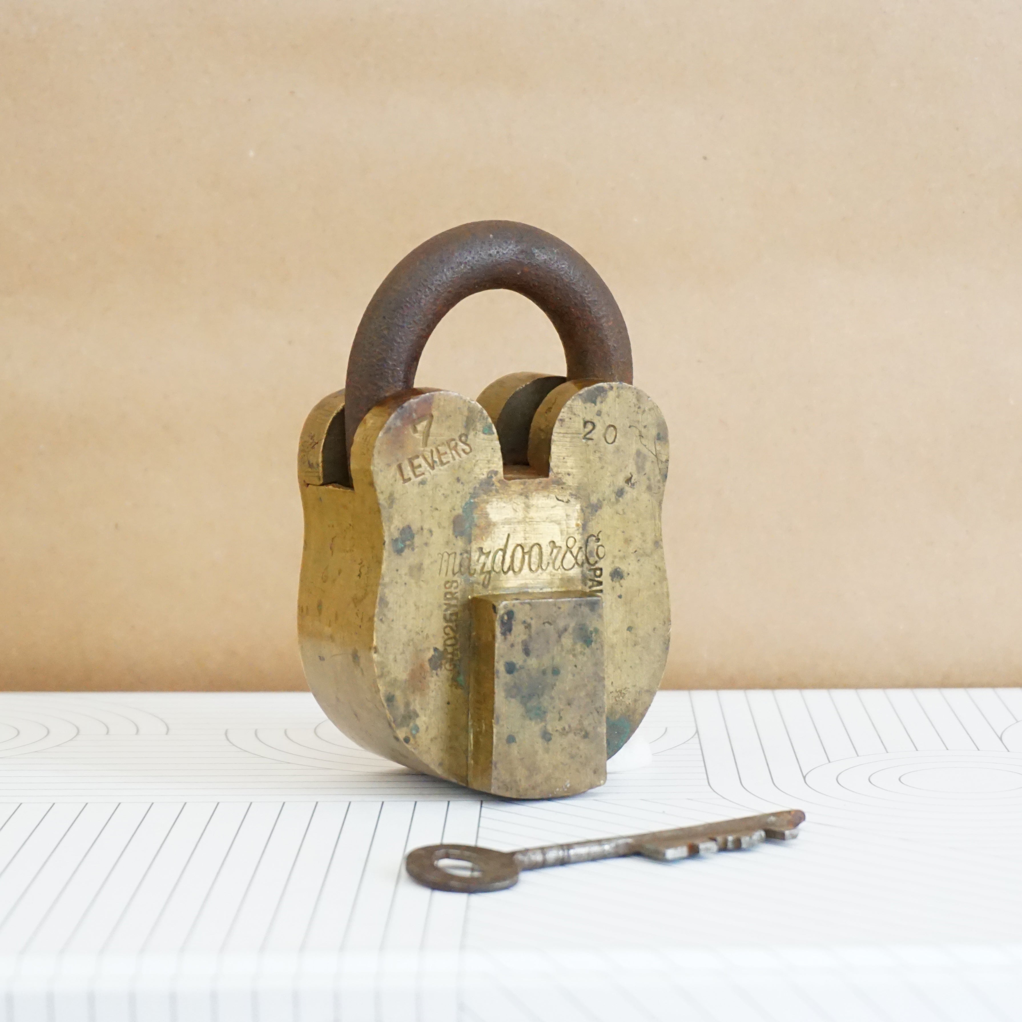 Antique Solid Brass MAZDOAR & CO Lock and Original Key. 7 Levels. G.I.D. 25 Years