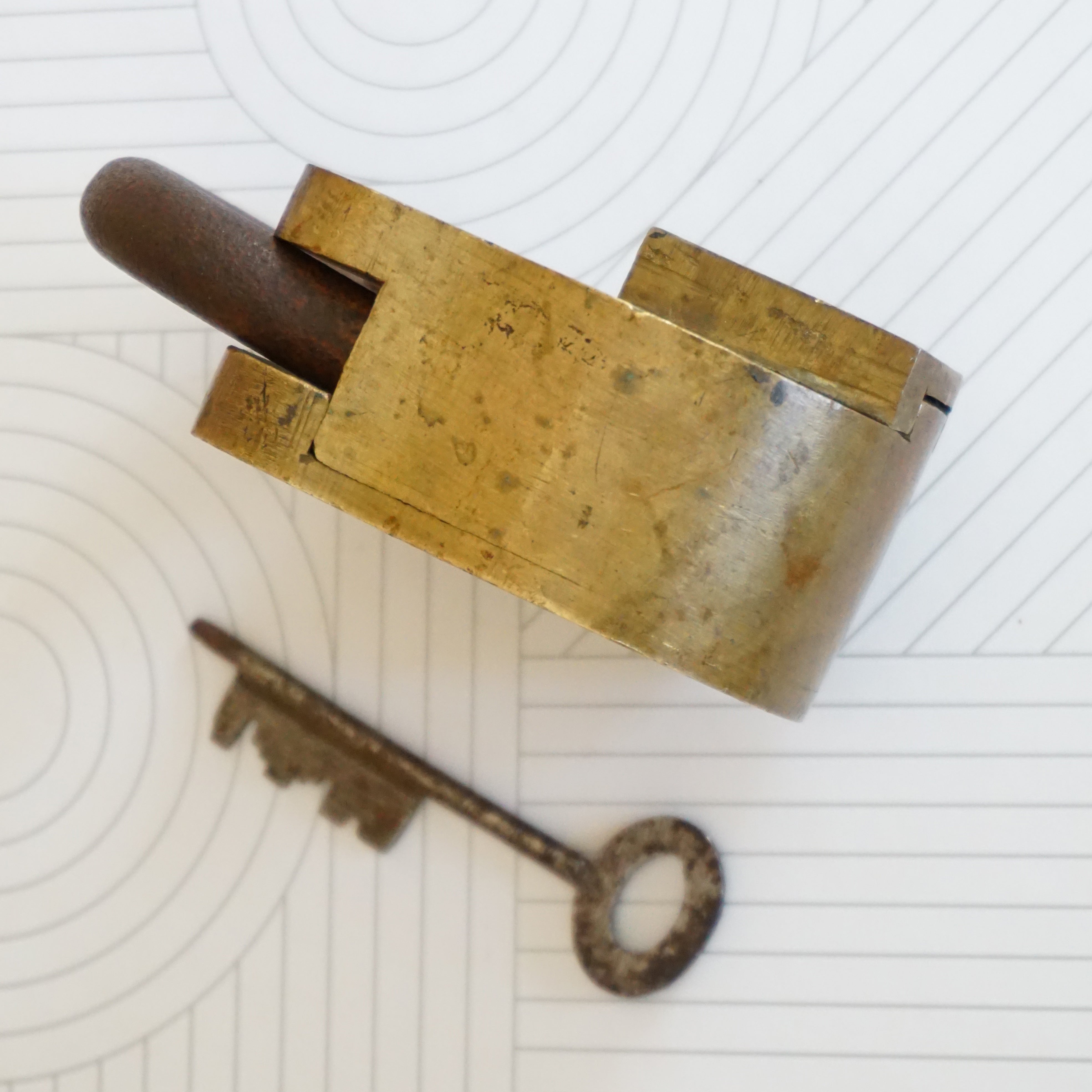 Antique Solid Brass MAZDOAR & CO Lock and Original Key. 7 Levels. G.I.D. 25 Years