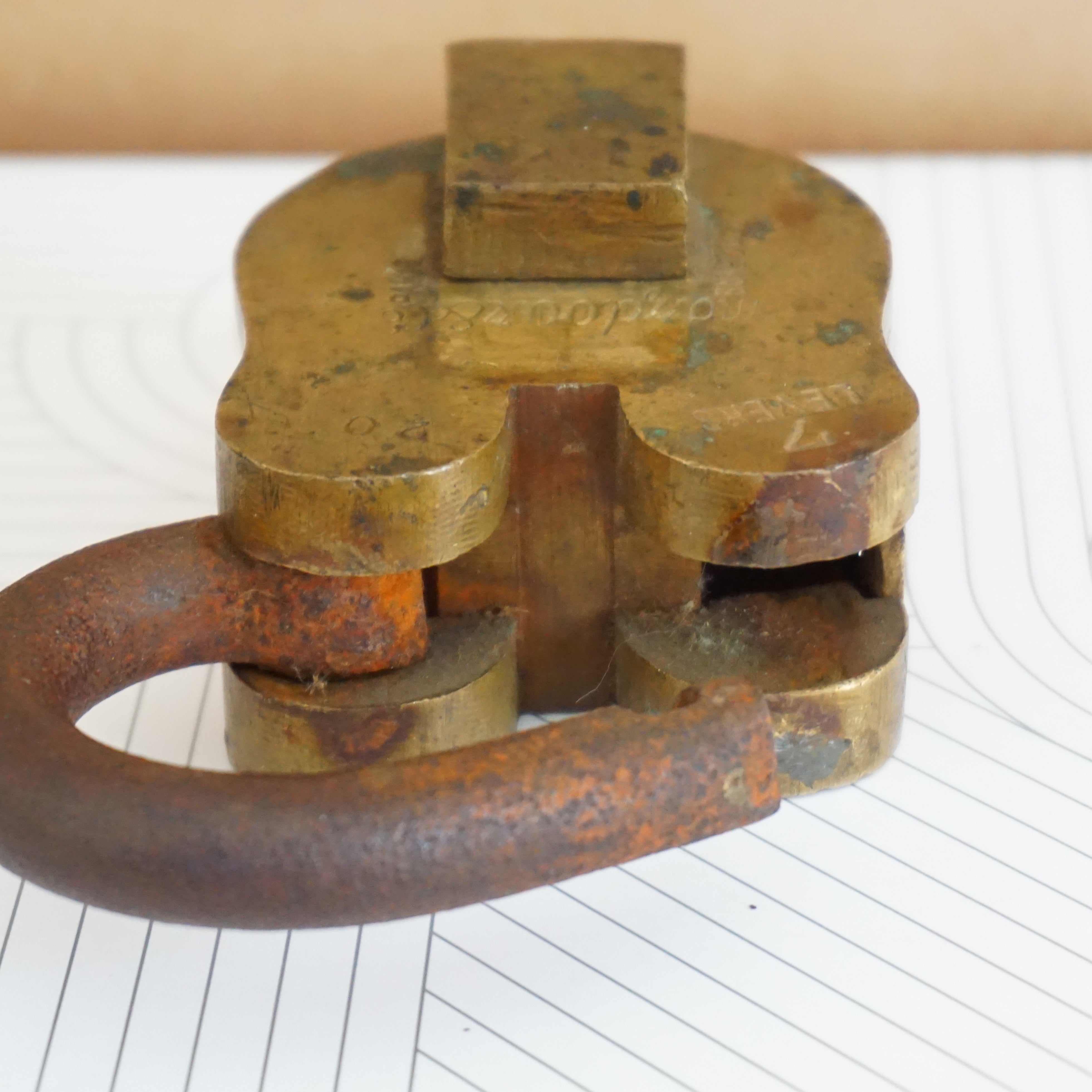Antique Solid Brass MAZDOAR & CO Lock and Original Key. 7 Levels. G.I.D. 25 Years