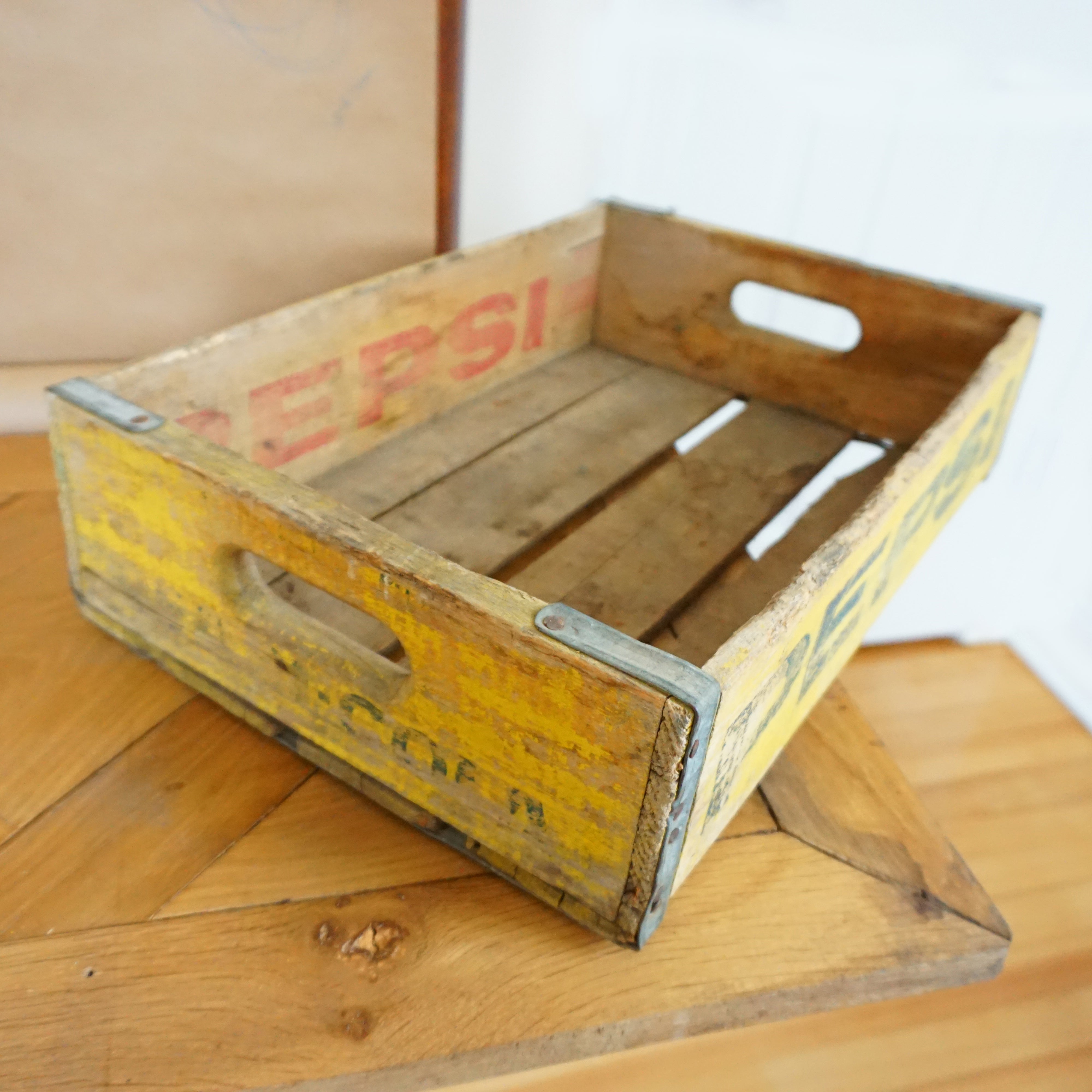 1970s Vintage PEPSI COLA Soda Bottles Yellow Tray Crate Container